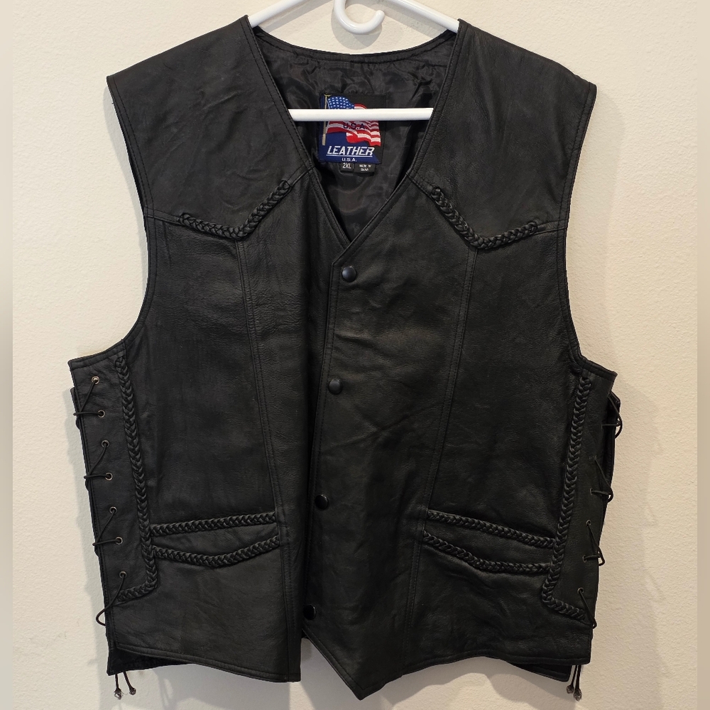 Black Leather Vest with Braided Details